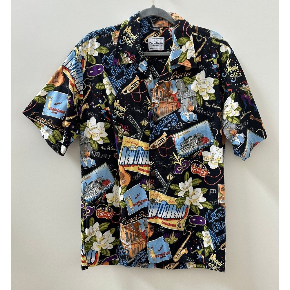 David Carey New Orleans Camp Shirt Black Button Up Collared Short Sleeve Mens M - Picture 2 of 15